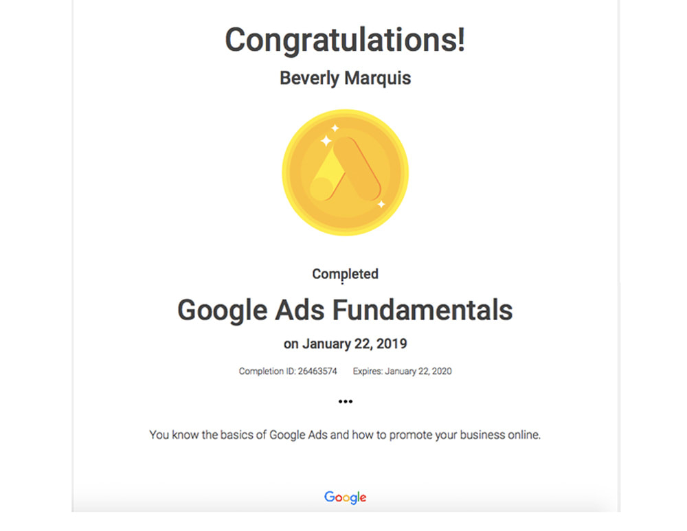 Google Ads Fundamentals Certificate Beverly Marquis