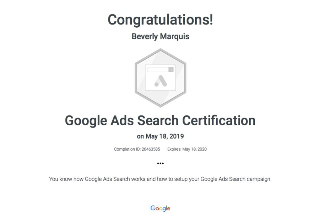 Google Ads Search Certification Beverly Marquis