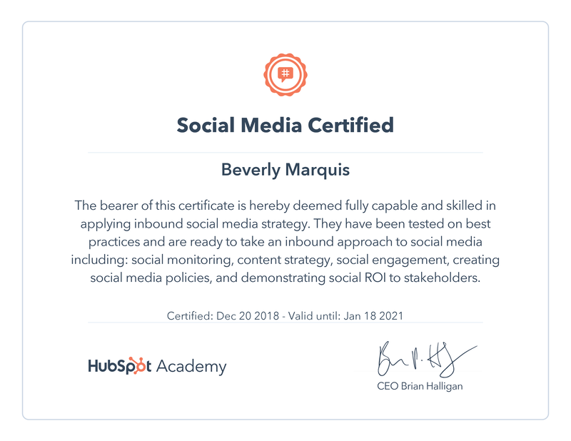 HubSpot Social Media Certified Beverly Marquis