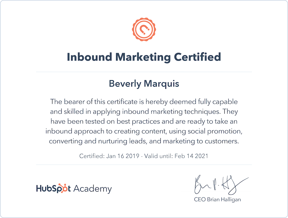 Inbound Marketing Certified Beverly Marquis