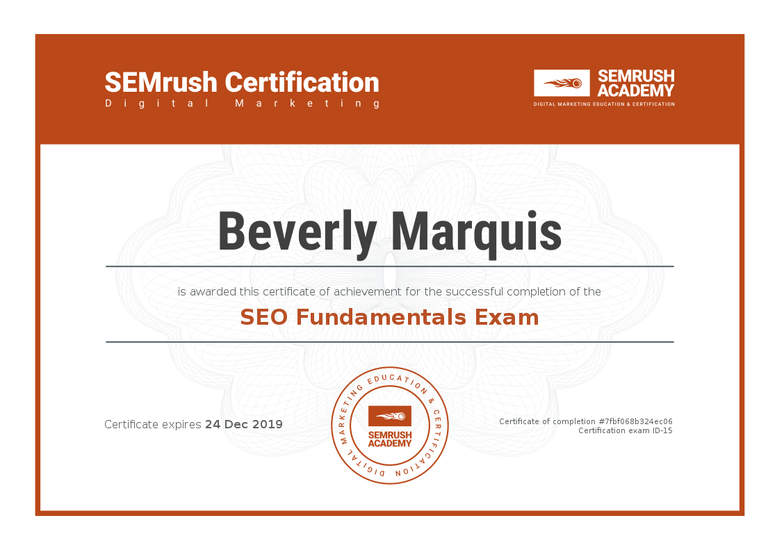 SEMrush SEO Fundamentals Certification Beverly Marquis