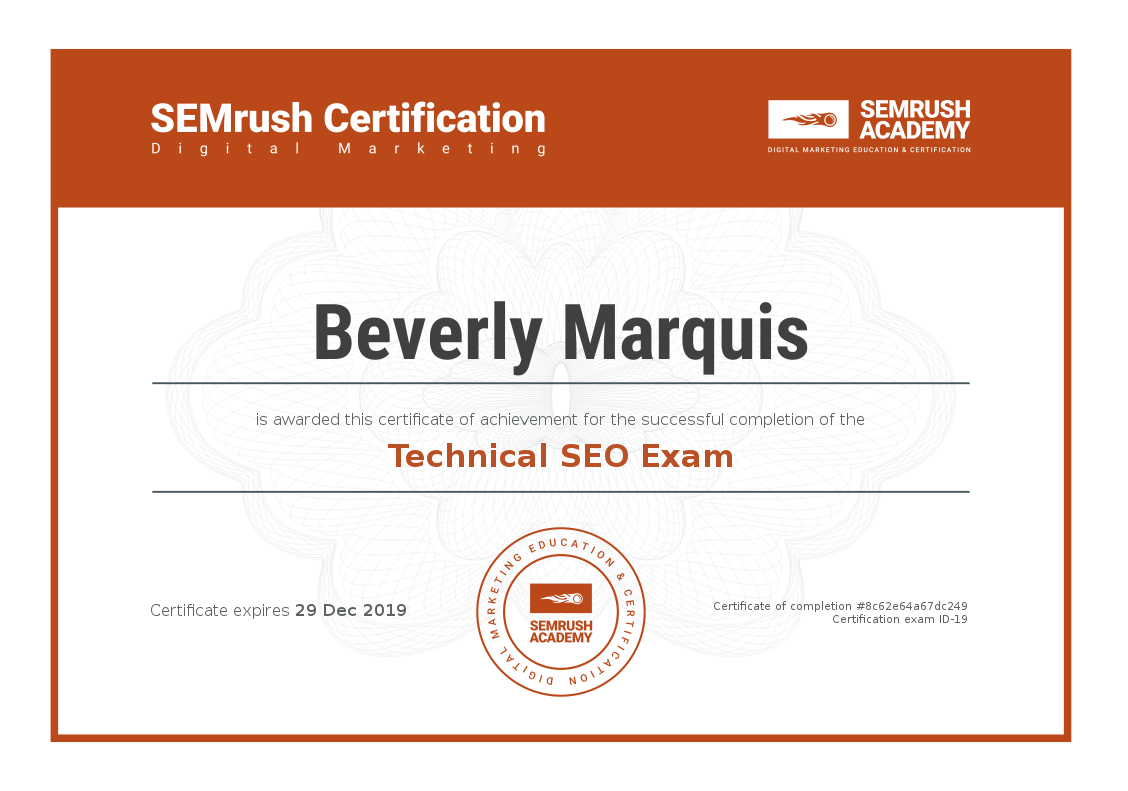 SEMrush Technical SE) Certification Beverly Marquis